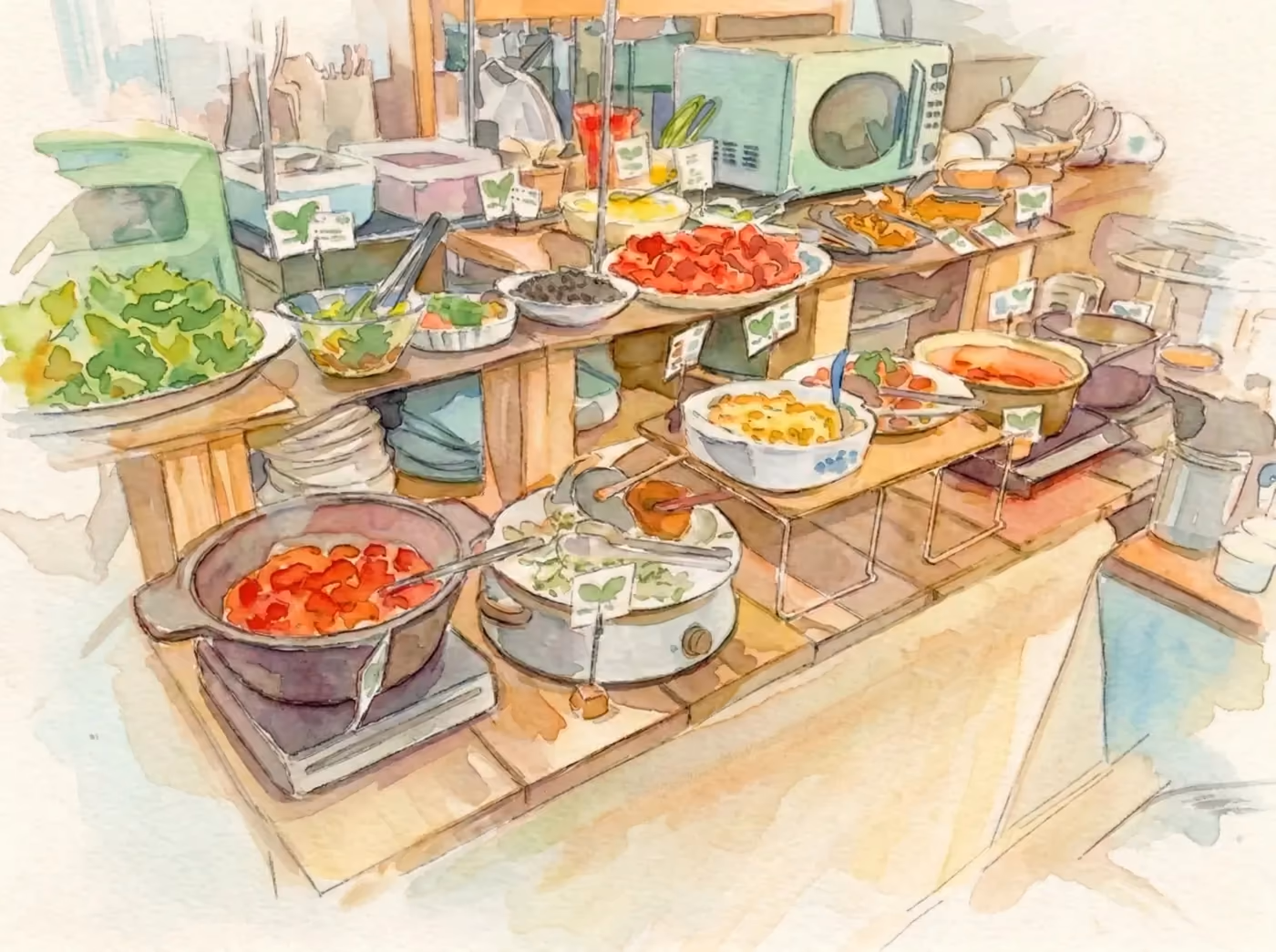 Dishes laid out on the buffet